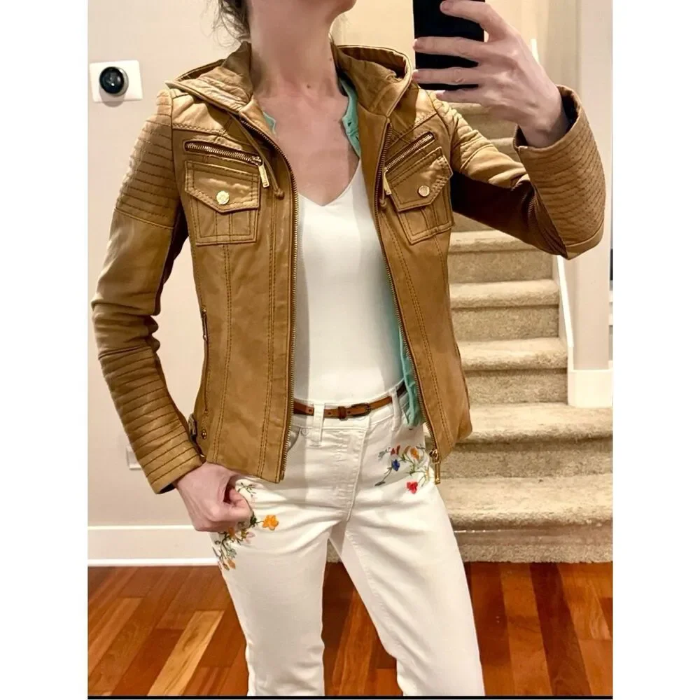 MICHAEL KORS LEATHER HOODIE BIKER TRUCKER JACKET 2K BOHO SOFT NUBUCK  POCKETS XS
